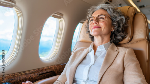 An older woman relaxes and smiles while sitting in a comfortable seat on a private jet during daylight.