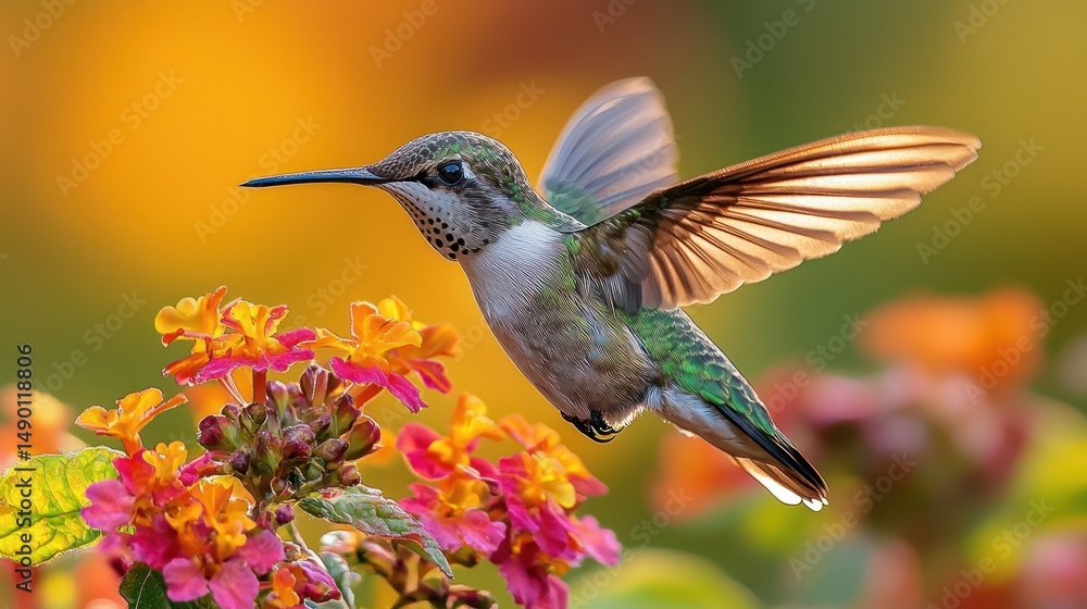 Fototapeta premium Hummingbird in flight, vibrant flowers