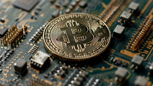 Bitcoin Cryptocurrency Technology on a Circuit Board High Tech Digital Currency and Blockchain Network Investment Fintech Finance Tech Electronic Money Future