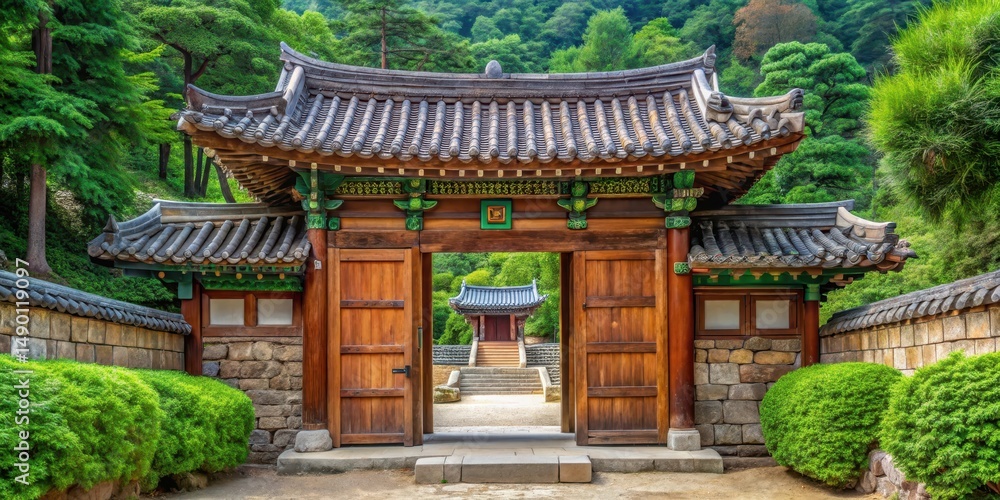 Fototapeta premium Traditional Korean-style wooden gate with intricate carvings and ornate details, surrounded by lush greenery and stone walls, at Jeondeungsa Temple entrance, ornate details, lush greenery