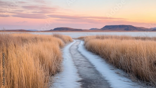 A serene pathway winds through frosted reeds  leading to a tranquil lake at dawn.  Pastel hues of sunrise paint the sky above a landscape of dry grasses  hills  and water