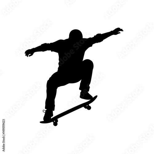 Silhouette of a skateboarder performing a trick in mid air on a white background with arms extended