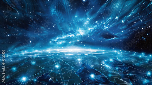 Interconnected World A Vision of Global Communication and Technology Networking Across Continents, Illuminated by the Glow of Digital Connectivity and Starlight