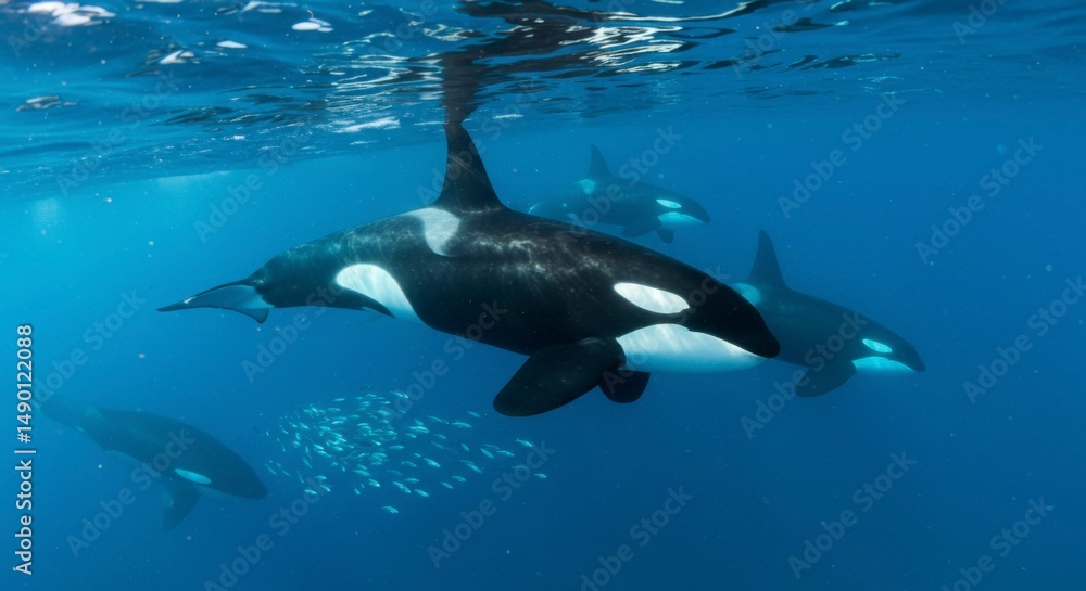 Fototapeta premium Orcas swimming underwater, surrounded by fish