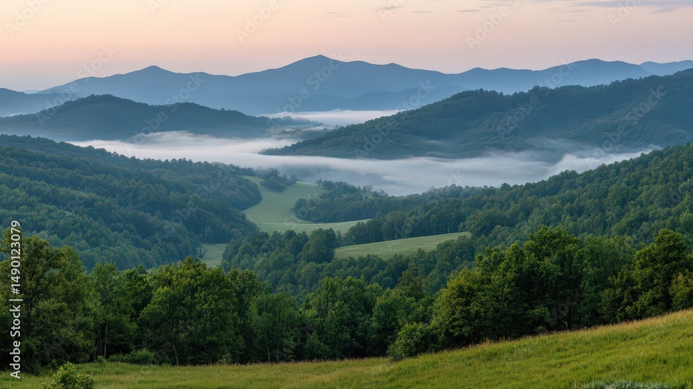 Obraz premium Stunning Sunrise Over a Misty Valley Surrounded by Mountains and Lush Green Forests
