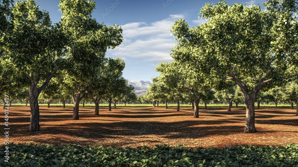 Fototapeta premium Sunny orchard trees, mountains background, agriculture