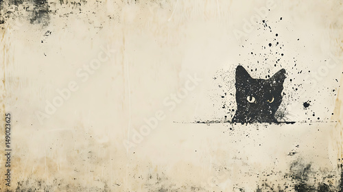 Whimsical Black Cat Illustration with Splatter Effect on Textured Background A Playful and Artistic Depiction of Feline Charm and Abstract Design Elements