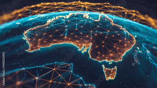 Stylized globe depiction, Australia highlighted by glowing network lines, symbolizing global connectivity, digital infrastructure, and data flow