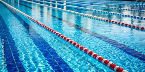 A refreshing view of a pristine swimming pool, featuring vibrant blue water and clearly defined lanes marked by red and white lane dividers, ideal for competitive swimming or leisurely laps.