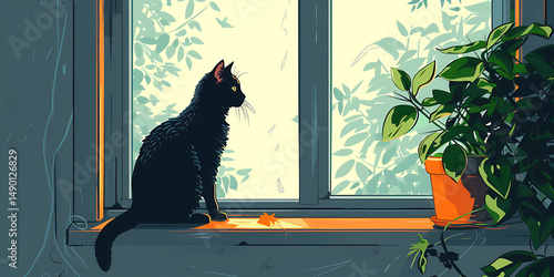 A Tranquil Scene: Black Cat Gazing Out Window with Lush Potted Plant, Evoking Peaceful Home Life and Contemplative Moments in Artistic Expression