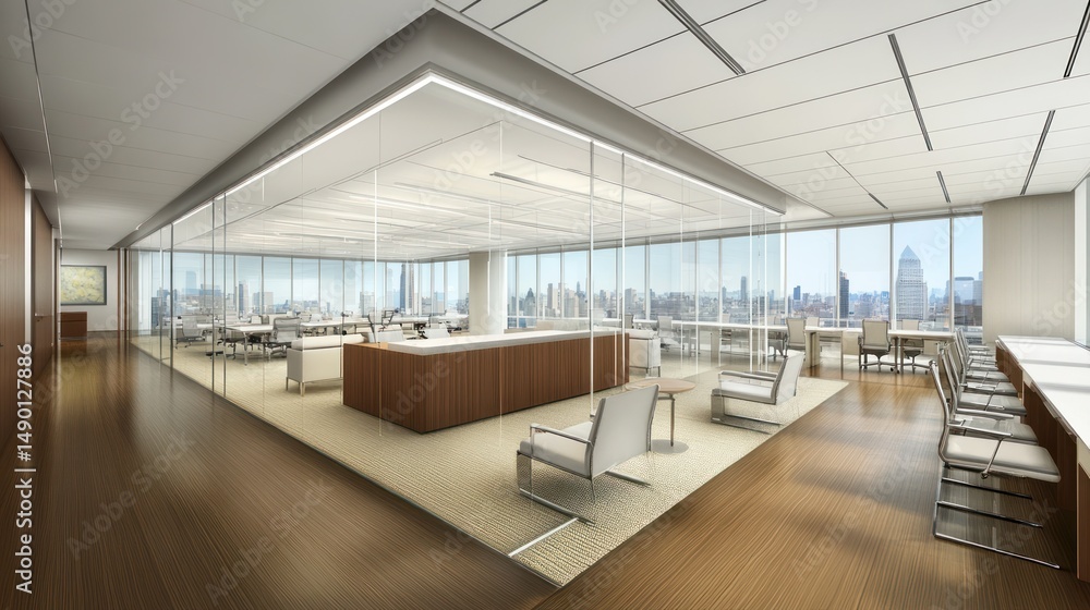 Naklejka premium Modern office interior, city view, workspace, collaboration