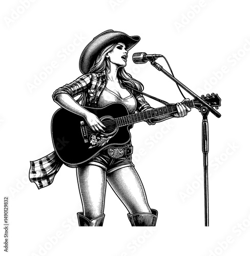 Woman in Cowboy Hat Singing and Playing Guitar with Microphone in Black and White Drawing