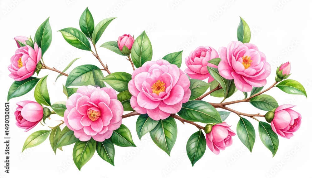Fototapeta premium Delicate Pink Camellia Branch: A Watercolor Botanical Illustration