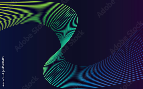 Colorful curved gradient lines on a dark background. Abstract flowing wave shapes with vibrant rainbow hues.