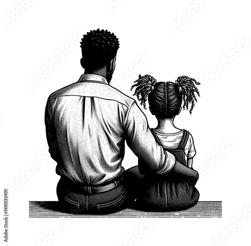 Vector Illustration of African American Father and Daughter Embracing and Sitting from Behind in Black and White Engrave