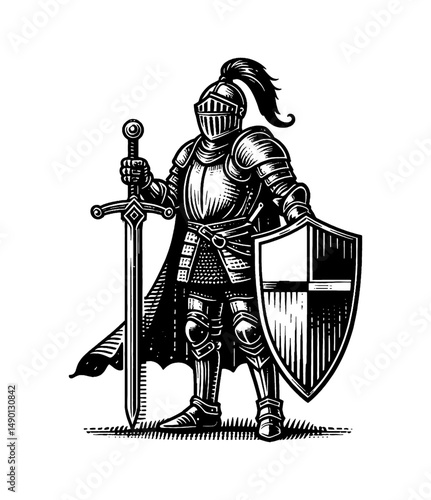 Full Body Black and White Illustration of Knight Standing with Sword and Shield