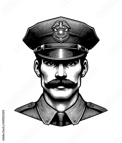 Portrait of Policeman in Uniform with Moustache Looking Stern in Detailed Black and White Line Art