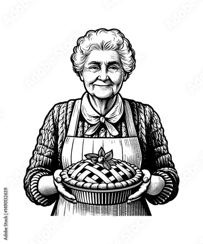 Grandmother Holding Pie with a Sweet Smile in Detailed Engraved Style Black and White Drawing