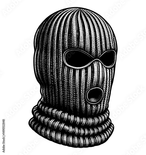 Close Up of Ski Mask with Eye and Mouth Openings with Engraved Style in Black and White