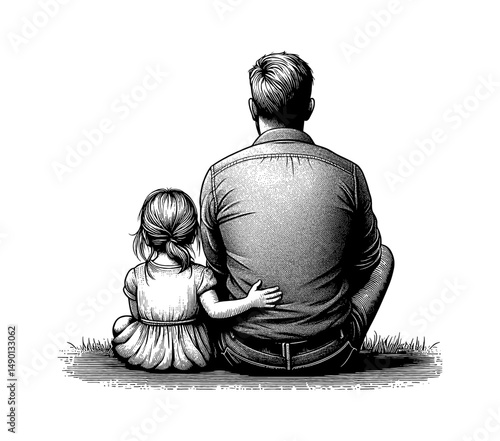 Father and Daughter Sitting Together from Behind in Detailed Black and White Engraving Art