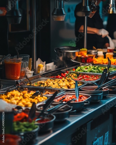A vibrant array of fresh ingredients on display in a bustling food market. Colorful vegetables and sauces entice culinary creativity. Explore the flavors of dining. Generative AI