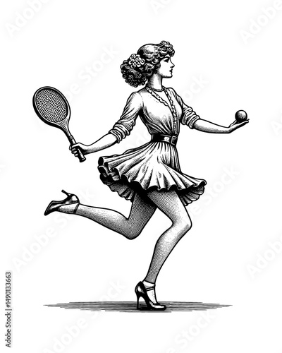 Woman Running with Tennis Racket and Ball Engrave Style Illustration Black and White