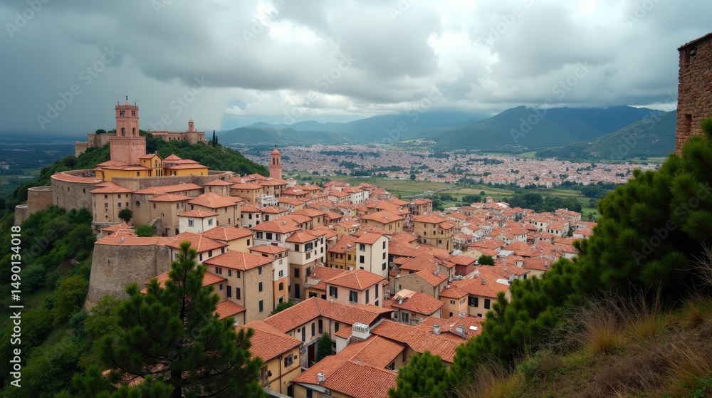 Fototapeta premium Cloud-covered Pena Trevinca viewed from above at midday in soft daylight.