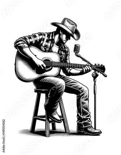 Man playing guitar with microphone in black and white drawing, wearing hat and sitting on stool