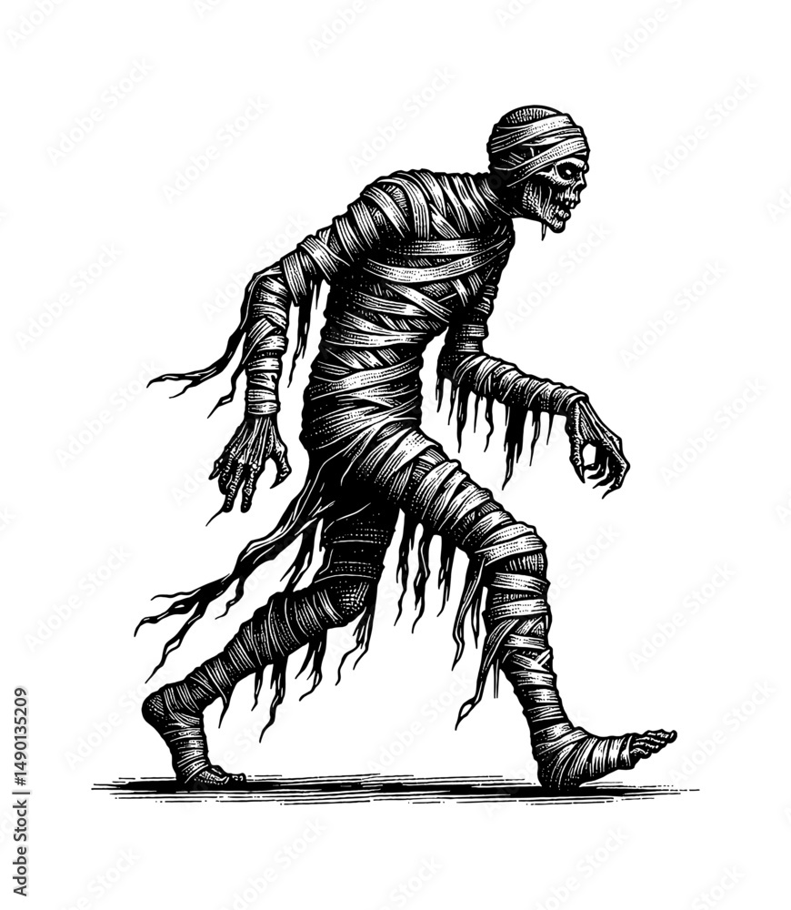 Obraz premium Illustration of a Scary Mummy Walking, Wrapped in Bandages, in Black and White