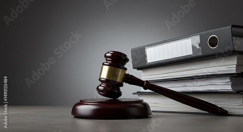 Wooden Gavel and Legal Binders on Desk: Symbol of Justice, Law, and Authority