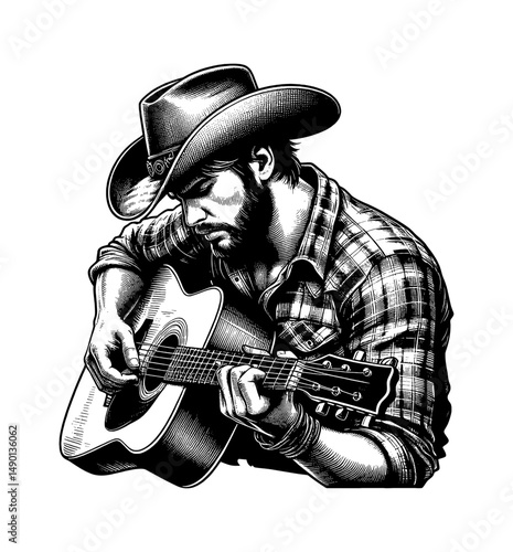 Detailed Black and White Line Art of a Man Playing Guitar with Cowboy Hat