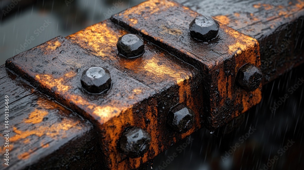 Rusty metal support beams in rain Rusty metal support beams in rain