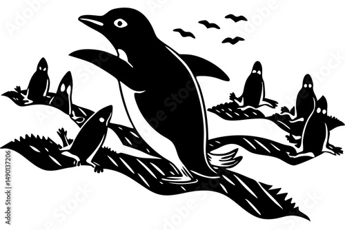 Comically tripping penguin silhouette design with transparent background, penguin, silhouette, tripping, stumble, comical, funny, vector, illustration, black and white, transparent, design, graphic