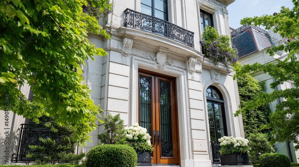 Obraz premium Grand mansion entrance with ornate doorway, framed by lush greenery; timeless elegance of luxury estate architecture.