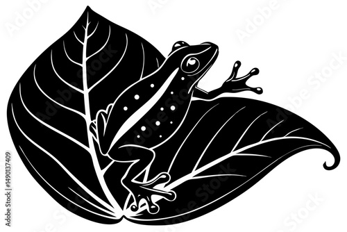 Silhouette design of a glass frog with translucent belly and foliage, glass frog, silhouette, amphibian, frog, animal, vector, illustration, nature, wildlife, transparent, belly, leaf, foliage, design