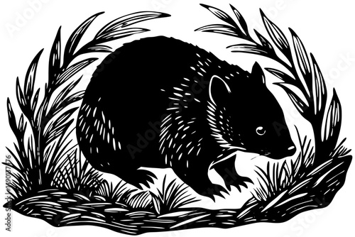 Silhouette of a burrowing wombat emerging with a stout and artistic design, wombat, silhouette, burrowing, animal, wildlife, nature, vector, design, illustration, black and white, stout, emerging, out