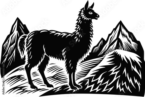 Silhouette of a fluffy llama or alpaca standing against mountain backdrop, llama, alpaca, silhouette, vector, design, animal, mammal, long neck, fluffy, illustration, outline, black and white, artwork