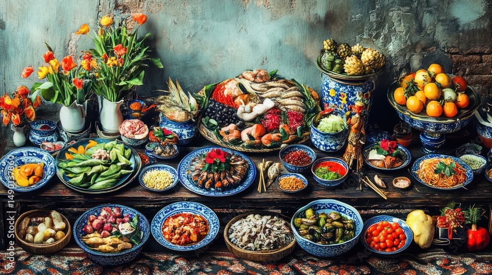 Fototapeta premium Abundant Asian feast, rustic setting, flowers, food
