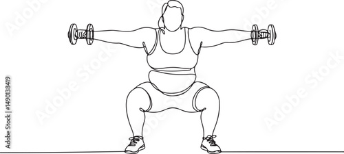 One line drawing of a plus size person in gym clothes doing a squat with dumbbells, minimalist style symbolizing strength and inclusive fitness

