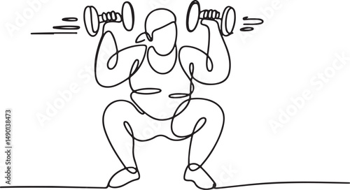 One line drawing of a plus size person in gym clothes doing a squat with dumbbells, minimalist style symbolizing strength and inclusive fitness

