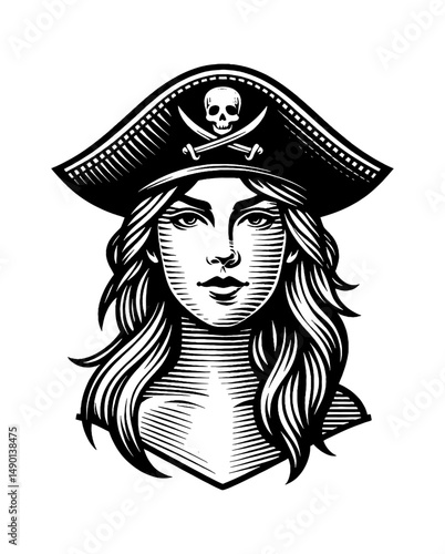 Portrait of a Woman Pirate with Hat and Skull with Swords in Engraved Style