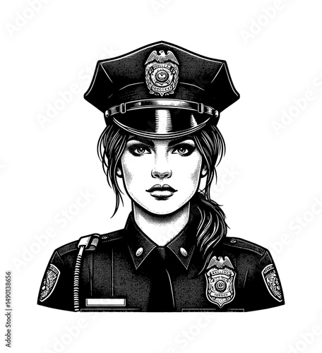 Portrait of Serious Woman as a Police Officer in Uniform Black and White Detailed Drawing
