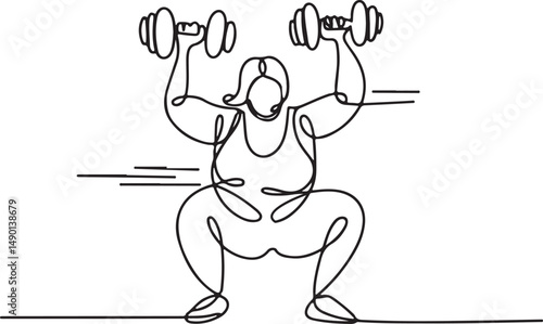 One line drawing of a plus size person in gym clothes doing a squat with dumbbells, minimalist style symbolizing strength and inclusive fitness

