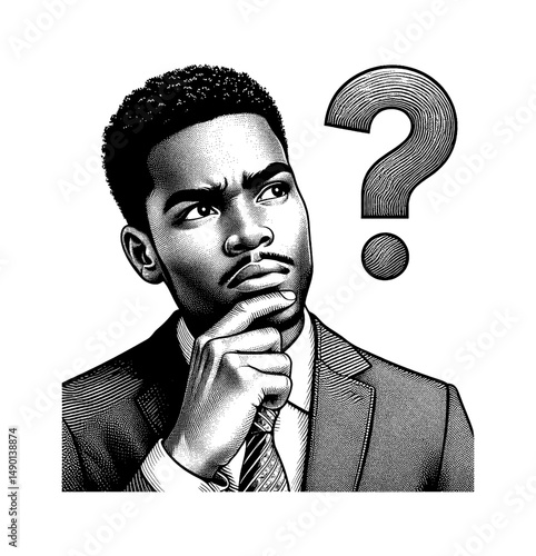 Pensive African American Businessman in Suit with Question Mark in Black and White Detailed Engraving