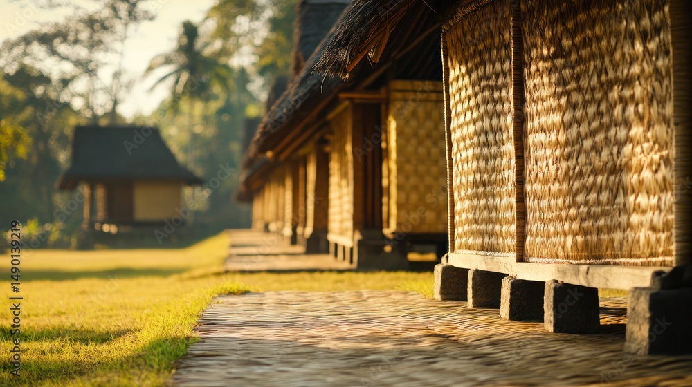 Obraz premium Bamboo huts, sunrise, rural village, Indonesia, travel