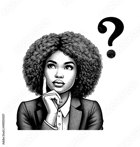 Woman in Suit Thinking with Question Mark in Detailed Black and White Line Art Drawing