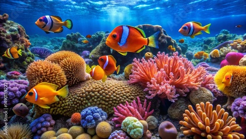 Vibrant Reef Ecosystem Showcasing Diverse Coral Formations and a Variety of Colorful Fish Swimming in a Crystal-Clear Ocean