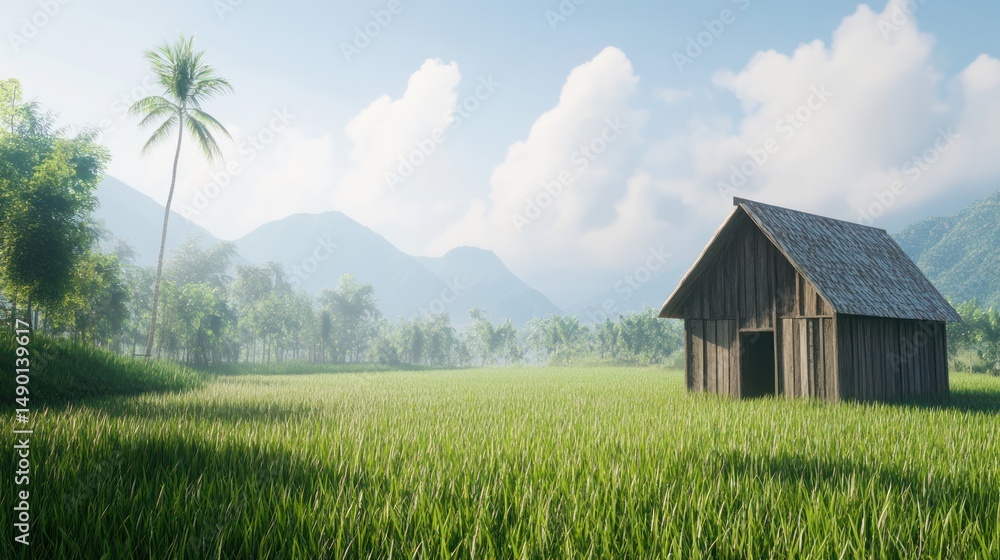 Obraz premium Wooden hut in misty rice paddy, mountains background; serene landscape