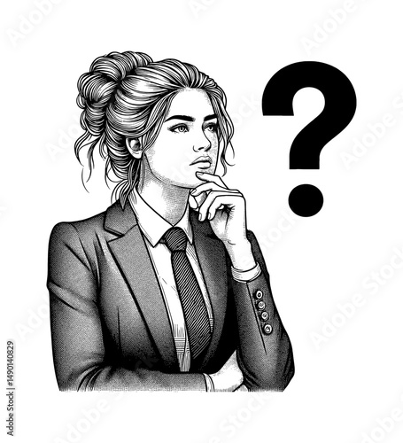 Woman in Suit Thinking with Question Mark, Portrait Style Engraving with Detailed Lines
