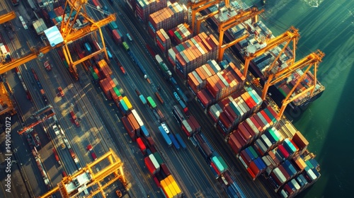 Aerial view of bustling cargo port during busy daytime operations with containers and cranes